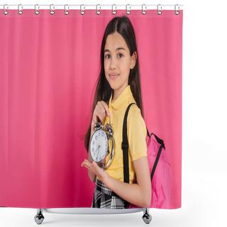 Personality  Happy Brunette Schoolgirl Standing With Backpack And Holding Vintage Alarm Clock Isolated On Pink Shower Curtains