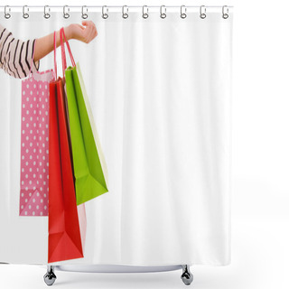 Personality  Female Hand Holding Colorful Shopping Bags, Isolated Over White Shower Curtains