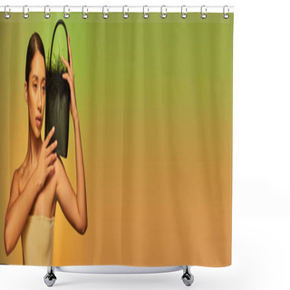 Personality  Fashion Choices, Brunette Asian Woman With Bare Shoulders Posing With Feather Purse On Green Background, Gradient, Fashion Statement, Glowing Skin, Natural Beauty, Young Model, Banner Shower Curtains