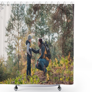 Personality  Father And Son Hiking Together Shower Curtains