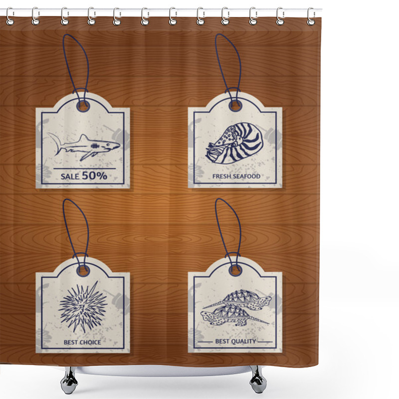 Personality  Et Of 4 Vintage Design Elements Seafood: Shark, Nautilus, Sea Urchin And The Turtle Shower Curtains