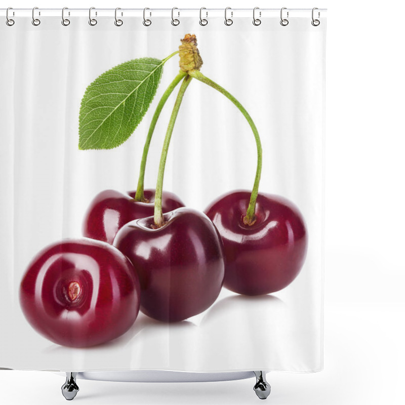 Personality  Juicy Cherry With Leaf Close-up On A White Background. Shower Curtains