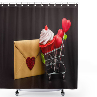 Personality  Shopping Cart With Valentines Cupcake And Lollipops And Envelope Isolated On Black Shower Curtains