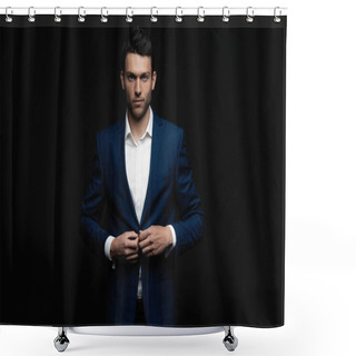 Personality  Handsome Man Wear Blue Suit Isolated On Black Background. Shower Curtains