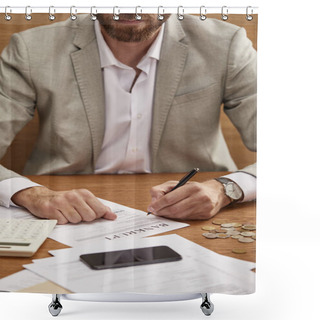 Personality  Cropped View Of Bearded Businessman In Suit Filling In Bankruptcy Form At Wooden Table Shower Curtains