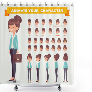 Personality  Front, Side, Back, 3/4 View Animated Character. Woman Character Constructor With Various Views, Face Emotions, Lip Sync, Poses And Gestures. Cartoon Style, Flat Vector Illustration. Shower Curtains