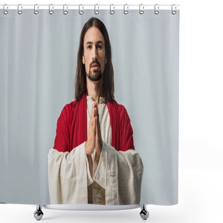Personality  Bearded Man Standing With Praying Hands Isolated On Grey  Shower Curtains