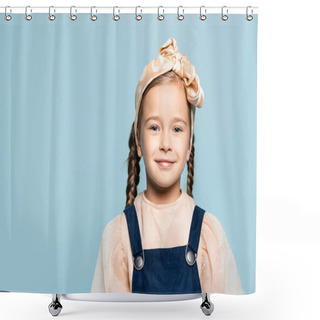 Personality  Cheerful Kid In Headband With Bow Looking At Camera Isolated On Blue Shower Curtains