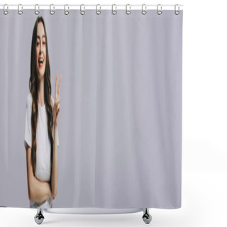 Personality  Happy Beautiful Girl In White T-shirt Showing Peace Sign Isolated On Grey, Panoramic Shot Shower Curtains