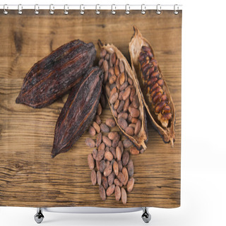 Personality  Cocoa Beans On A Wooden Background, Cocoa And Dark Bitter Chocolate, Raw Cocoa On A Brown Background Shower Curtains