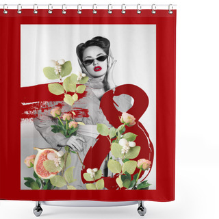 Personality  8th March Greeting Card With Stylish Woman In Retro Clothing And Sunglasses With Flowers Shower Curtains