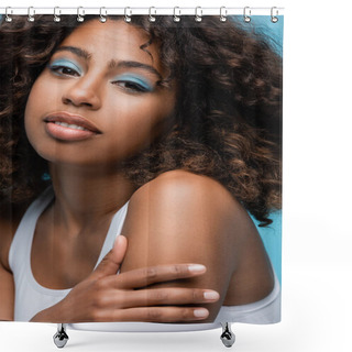 Personality  Portrait Of African American Woman With Wavy Hair And Makeup On Perfect Face Isolated On Blue Shower Curtains