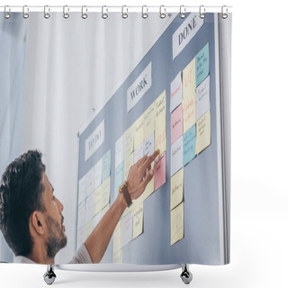 Personality  Selective Focus Of Bi-racial Businessman Pointing With Finger At Sticky Note With Uix Letters In Office  Shower Curtains