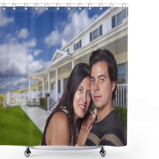 Personality  Happy Hispanic Young Couple In Front Of Their New Home Shower Curtains