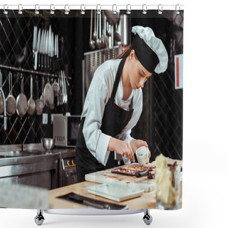 Personality  Selective Focus Of Attractive Chocolatier In Apron Looking At Dark Chocolate Bars  Shower Curtains