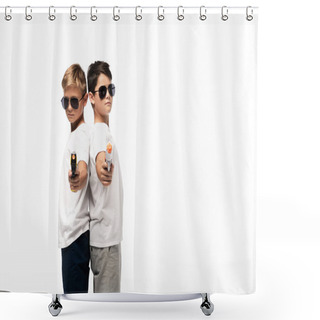 Personality  Two Brothers In Sunglasses Standing Back To Back And Aiming With Toy Guns At Camera While Playing Gangsters Isolated On White Shower Curtains