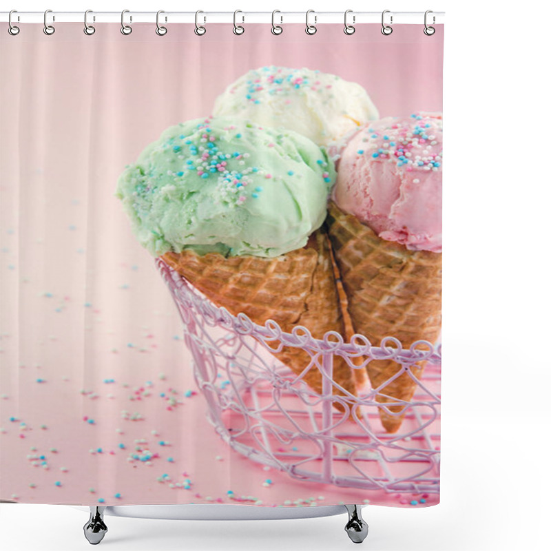 Personality  Cones Of Ice Cream On Pink Background Shower Curtains