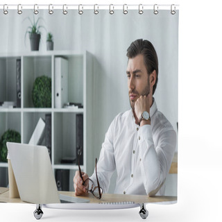 Personality  Handsome Young Businessman Holding Eyeglasses While Sitting At Workplace And Looking At Laptop Screen Shower Curtains