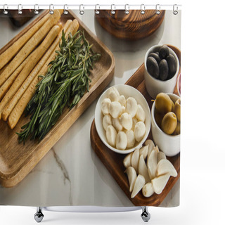 Personality  High Angle View Of Boards With Breadsticks, Rosemary And Antipasto Ingredients On White Background Shower Curtains