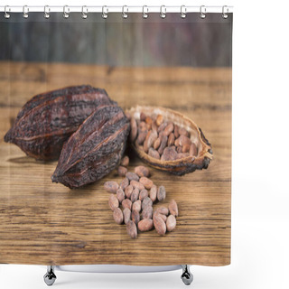 Personality  Cocoa Beans On A Wooden Background, Cocoa And Dark Bitter Chocolate, Raw Cocoa On A Brown Background Shower Curtains