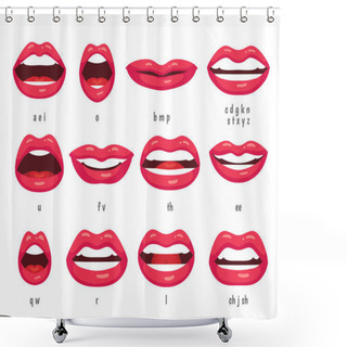 Personality  Mouth Animation. Lip Sync Animated Phonemes For Cartoon Woman Character. Mouths With Red Lips Speaking Animations Vector Set Shower Curtains