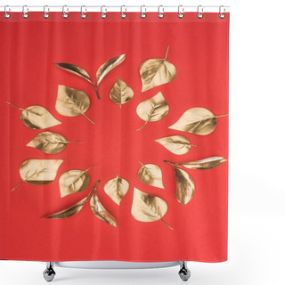 Personality  Top View Of Arranged In Circle Golden Leaves Isolated On Red Shower Curtains