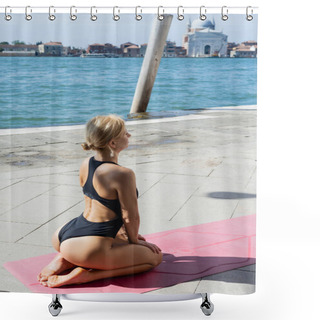 Personality  Side View Of Barefoot Woman In Bodysuit Meditating On Embankment In Venice  Shower Curtains
