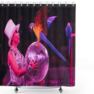 Personality  KYIV, UKRAINE - NOVEMBER 1, 2019: Side View Of Handler Holding Mirror Ball While Performing With Ara Parrot In Circus Shower Curtains