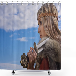 Personality  Viking Girl Warrior On A Blue Sky Background Shower Curtains