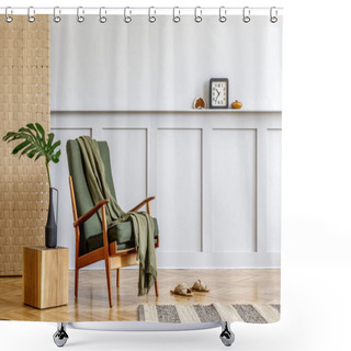 Personality  Minimalistic Composition At Living Room Interior With Design Green Armchair, Beige Panel, Plants, Cube, Shelf, Copy Space, Decoration And Elegant Personal Accessories In Stylish Home Decor. Shower Curtains