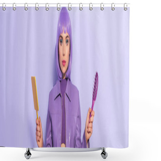 Personality  Young Woman Dressed In Doll Style With Hair Brush And Mirror On Violet Colorful Background, Banner Shower Curtains