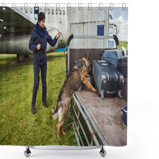 Personality  Security Officer And Drug Detection Dog Checking Luggage In Airport Shower Curtains