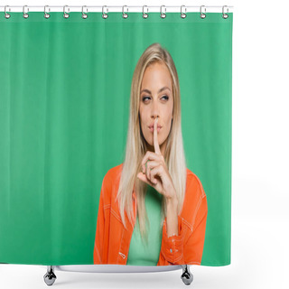 Personality  Tricky Blonde Woman Showing Hush Sign While Looking Aside Isolated On Green Shower Curtains