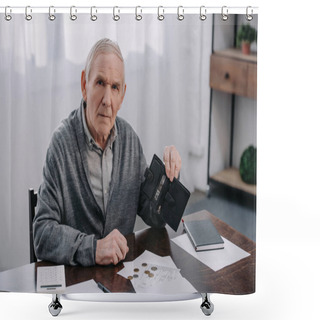 Personality  Senior Man Sitting At Table With Paperwork And Holding Wallet While Counting Money At Home Shower Curtains