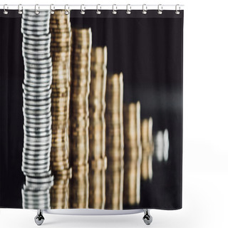 Personality  Selective Focus Of Stacked Silver And Golden Coins On Surface With Reflection Isolated On Black, Panoramic Shot Shower Curtains
