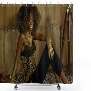 Personality  Portrait Of Sexy African American Female Model With Glossy Golden Makeup Posing To The Camera On The Textured Studio Background Shower Curtains
