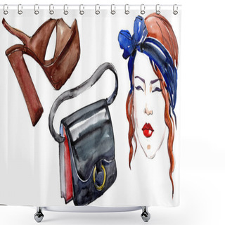 Personality  Girl, Shoe And Bag Sketch Fashion Glamour Illustration In A Watercolor Style Isolated Element. Clothes Accessories Set Trendy Vogue Outfit. Watercolour Background Illustration Set. Shower Curtains