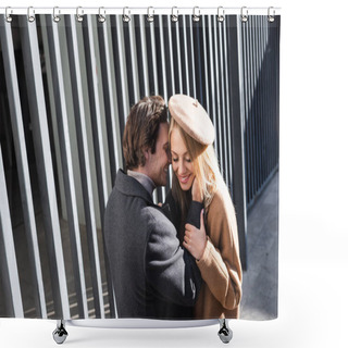 Personality  Young Man Embracing Cheerful Woman In Beret Near Fence Outdoors Shower Curtains