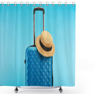 Personality  Blue Colorful Travel Bag With Handle And Straw Hat Isolated On Blue  Shower Curtains