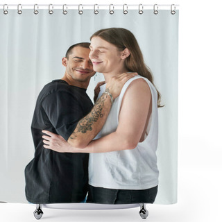 Personality  Two Men Share A Warm Hug Filled With Love And Connection. Shower Curtains