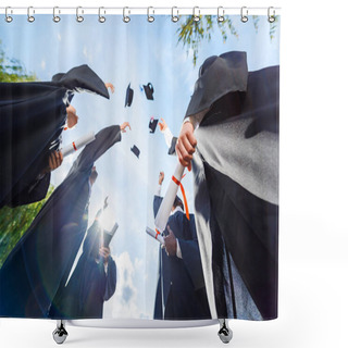 Personality  Bottom View Of Graduated Students Throwing Up Hats In Front Of Blue Sky Shower Curtains
