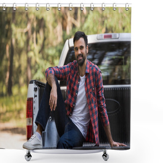 Personality  Smiling Bearded Man Sitting On White Pickup Truck In Forest Shower Curtains