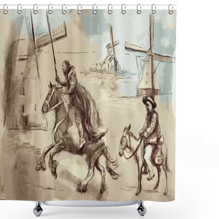 Personality  Don Quixote And Sancho Panza - An Hand Painted Vector Illustration. Digital Drawing Technique. Shower Curtains