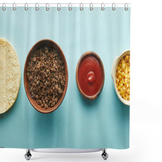 Personality  Top View Of Tortillas, Minced Meat With Corn And Ketchup In Bowls On Blue Background Shower Curtains