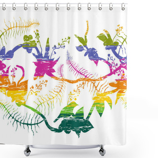 Personality  Seamless Border With Tropical Birds, Plants And Flowers. Colorful Grunge Silhouettes With Splashes In Watercolor Style. Exotic Flora And Fauna. Vector Illustration  Shower Curtains