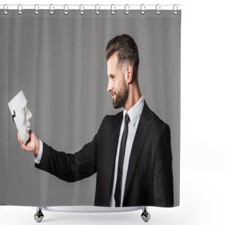 Personality  Side View Of Smiling Businessman In Black Suit Looking At Mask Isolated On Grey Shower Curtains