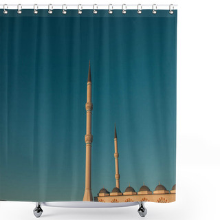Personality  Blue, Cloudless Sky Over High Minarets Of Mihrimah Sultan Mosque, Istanbul, Turkey Shower Curtains