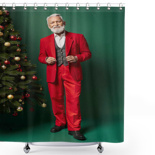 Personality  Handsome Elegant Santa With White Beard In Red Suit Posing Next To Fir Tree, Winter Concept Shower Curtains