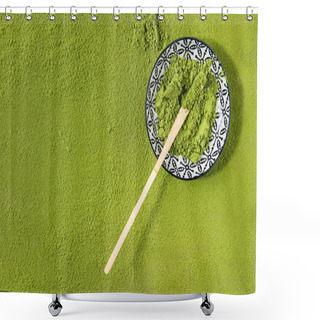 Personality  Green Tea Matcha Powder In Ceramic Bowl With Traditional Bamboo Spoon Over Powdering Matcha As Background. Flat Lay, Copy Space Shower Curtains
