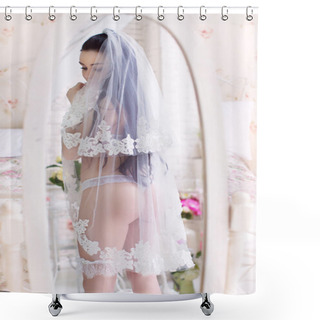 Personality  Beautiful Young Bride In The Veil, And With Garter Stands In Fro Shower Curtains